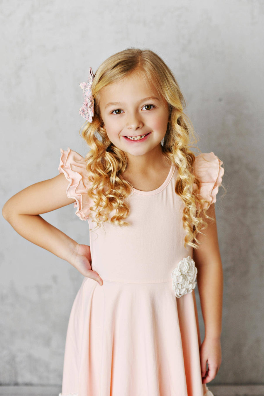 kids blush pink dress Light Pink Ruffles Flutter Sleeve Rosette Spring Dress