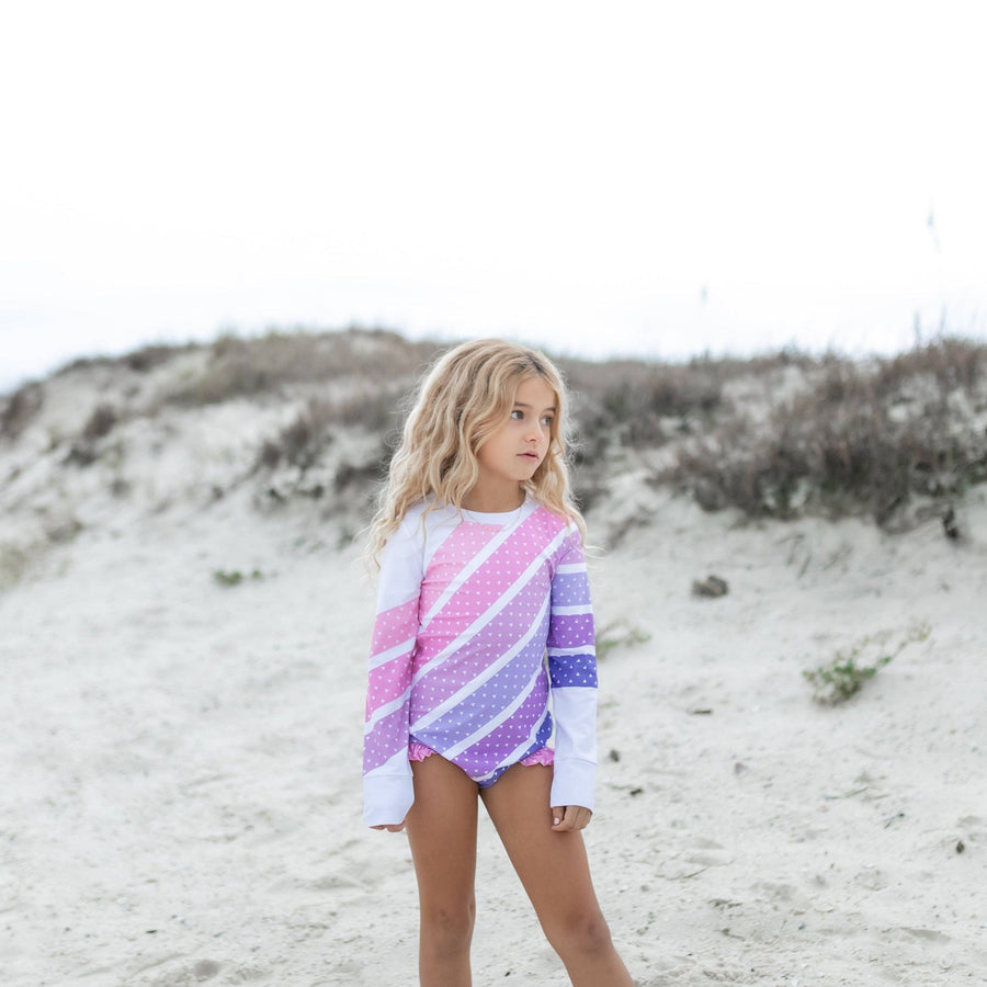 Kids Pink Lavender Stripe Zip Rash Guard One Piece Swimsuit - Pink and Brown Boutique