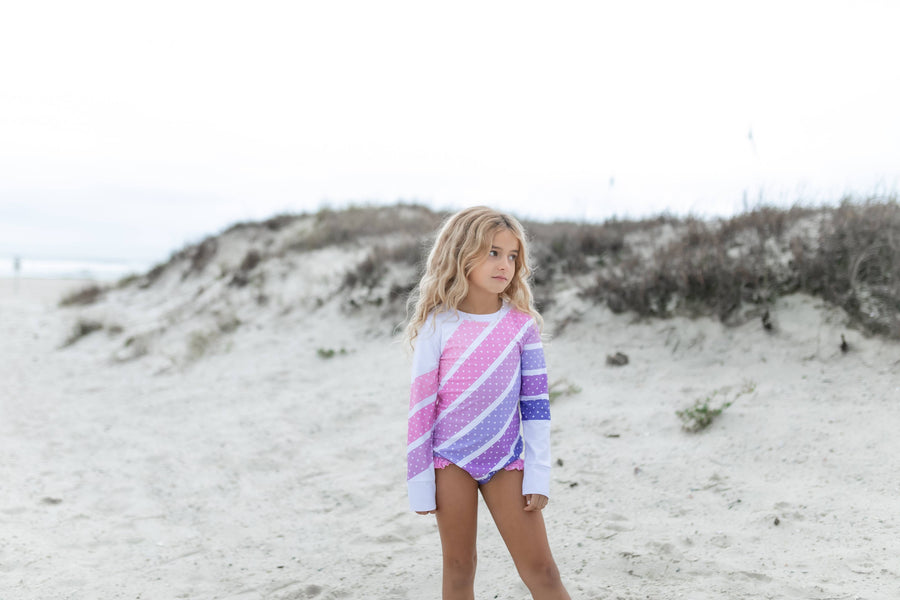 Kids Pink Lavender Stripe Zip Rash Guard One Piece Swimsuit - Pink and Brown Boutique