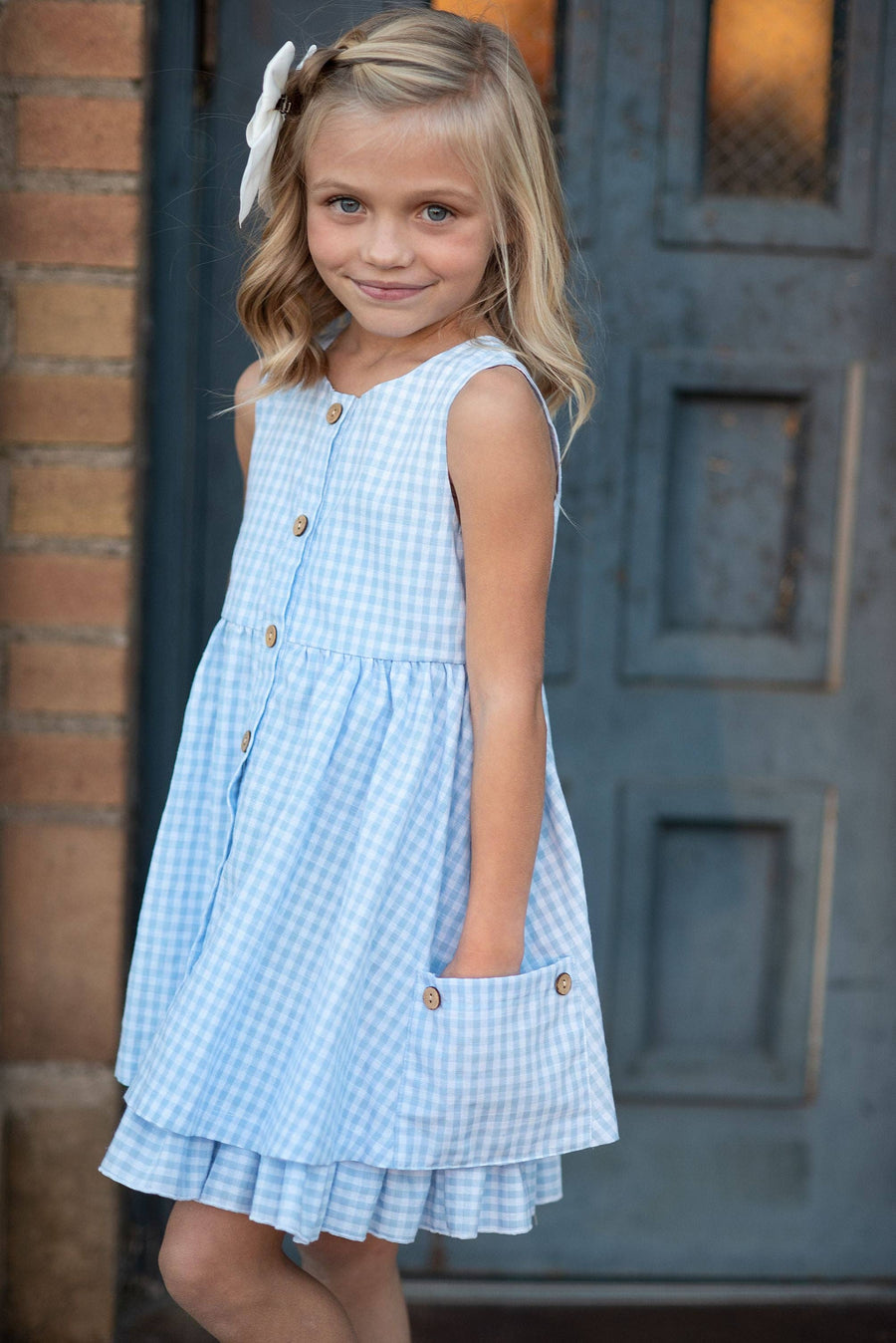 Blue & White Gingham Check Pocket Ruffle Spring Dress - Pink and Brown Boutique