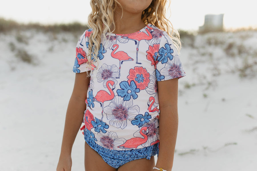 Kids Coral & Periwinkle Flamingo Rash Guard Ruffle Swimsuit - Pink and Brown Boutique