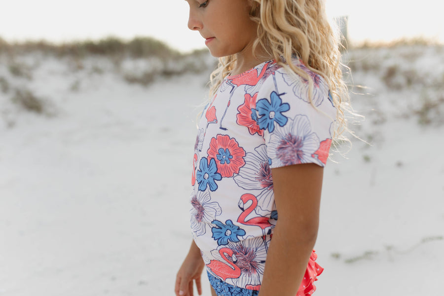 Kids Coral & Periwinkle Flamingo Rash Guard Ruffle Swimsuit - Pink and Brown Boutique