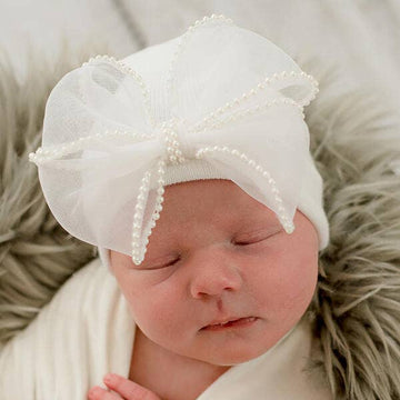 White Chiffon Pearl Bow Newborn Girl Hat - Pink and Brown Boutique