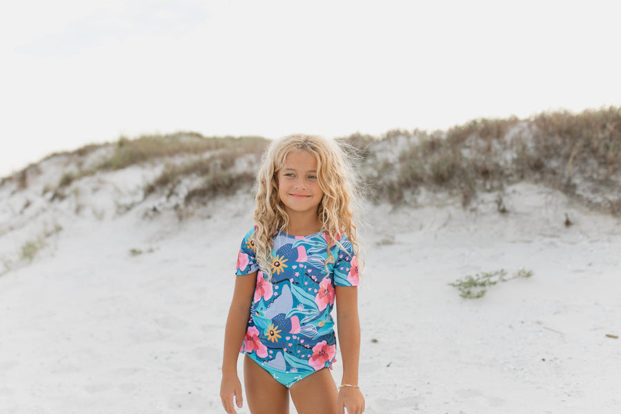 Kids Blue Coral Abstract Rash Guard Ruffle Swimsuit - Pink and Brown Boutique