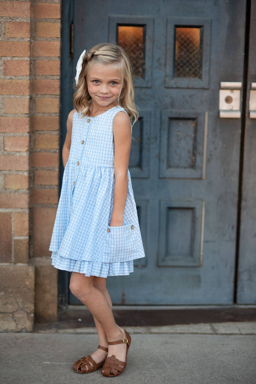 Blue & White Gingham Check Pocket Ruffle Spring Dress - Pink and Brown Boutique