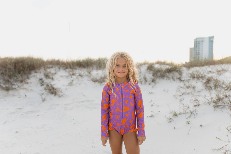 Kids Purple Mermaid Zip Rash Guard One Piece Swimsuit - Pink and Brown Boutique