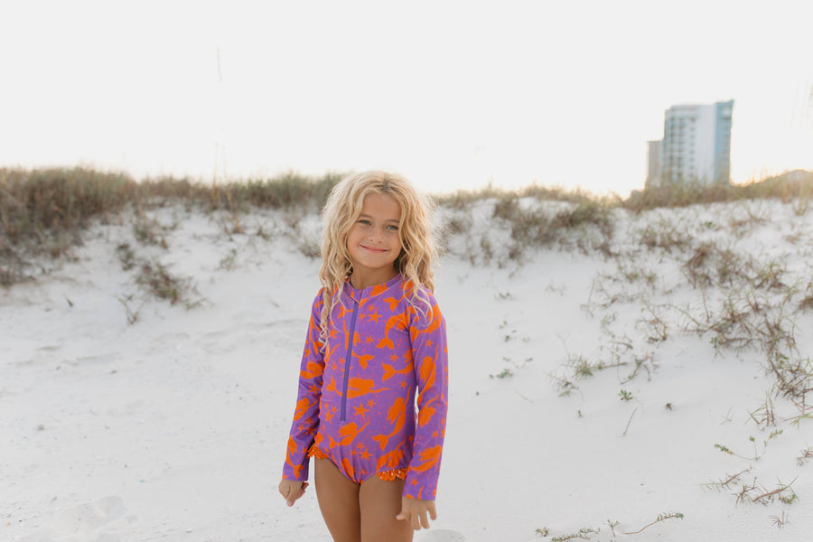 Kids Purple Mermaid Zip Rash Guard One Piece Swimsuit - Pink and Brown Boutique