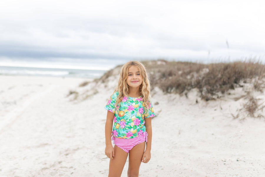 Kids Hot Pink Lemon Rash Guard Ruffle Swimsuit - Pink and Brown Boutique