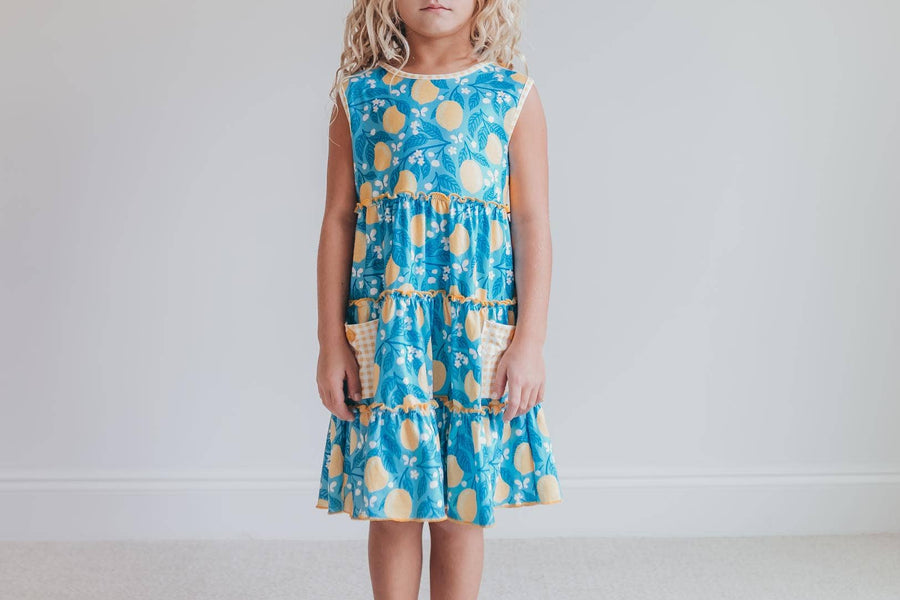 Kids Teal Lemon Pocket Bow Spring Easter Ruffle Dress - Pink and Brown Boutique