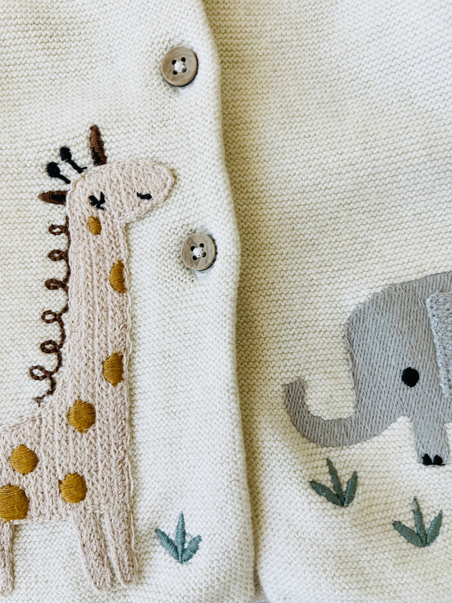 Animal Safari Embroidered Baby Cardigan Sweater (Organic) - Pink and Brown Boutique
