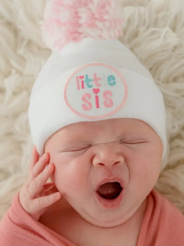 LITTLE SIS Pom Newborn Baby Hat - Pink and Brown Boutique