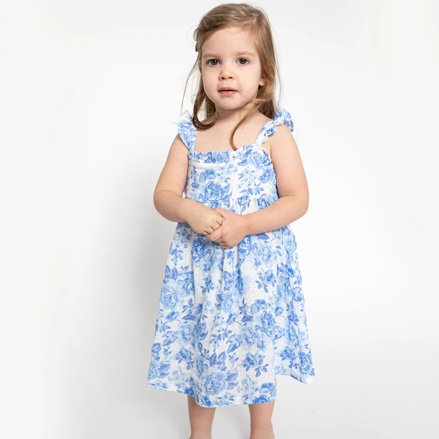 ROSES IN BLUE PRINT DRESS