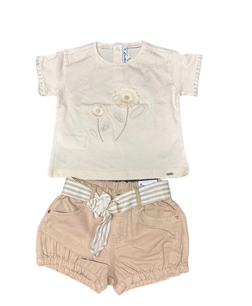 EMBROIDERED CREME FLOWER WITH SHORT SET - Pink and Brown Boutique