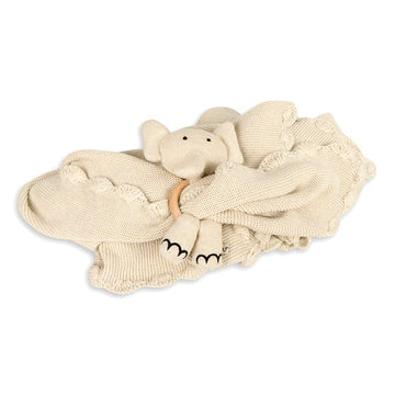 ORGANIC COTTON KNIT SCALLOP EDGE BABY BLANKET & ELEPHANT RATTLE GIFT SET