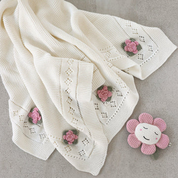 ORGANIC COTTON KNIT FLOWER POINTELLE BLANKET & FLOWER RATTLE TOY