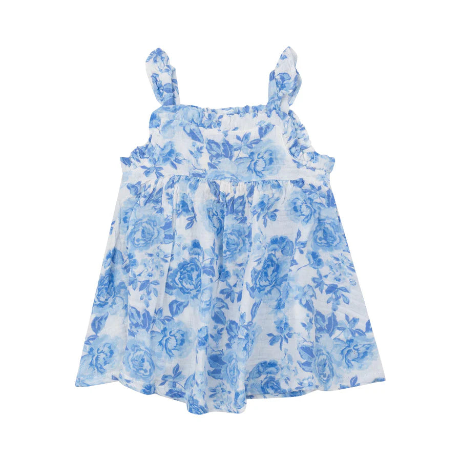 ROSES IN BLUE PRINT DRESS