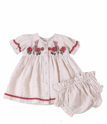 Victoria Embroidered Floral Baby Dress + Bloomer (Linen)