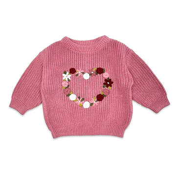 FRENCH ROSE HEART EMBROIDERED ORGANIC SWEATER WITH KNIT LEGGING SET