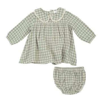 MINI GREEN GINGHAM L/S DRESS WITH BLOOMER