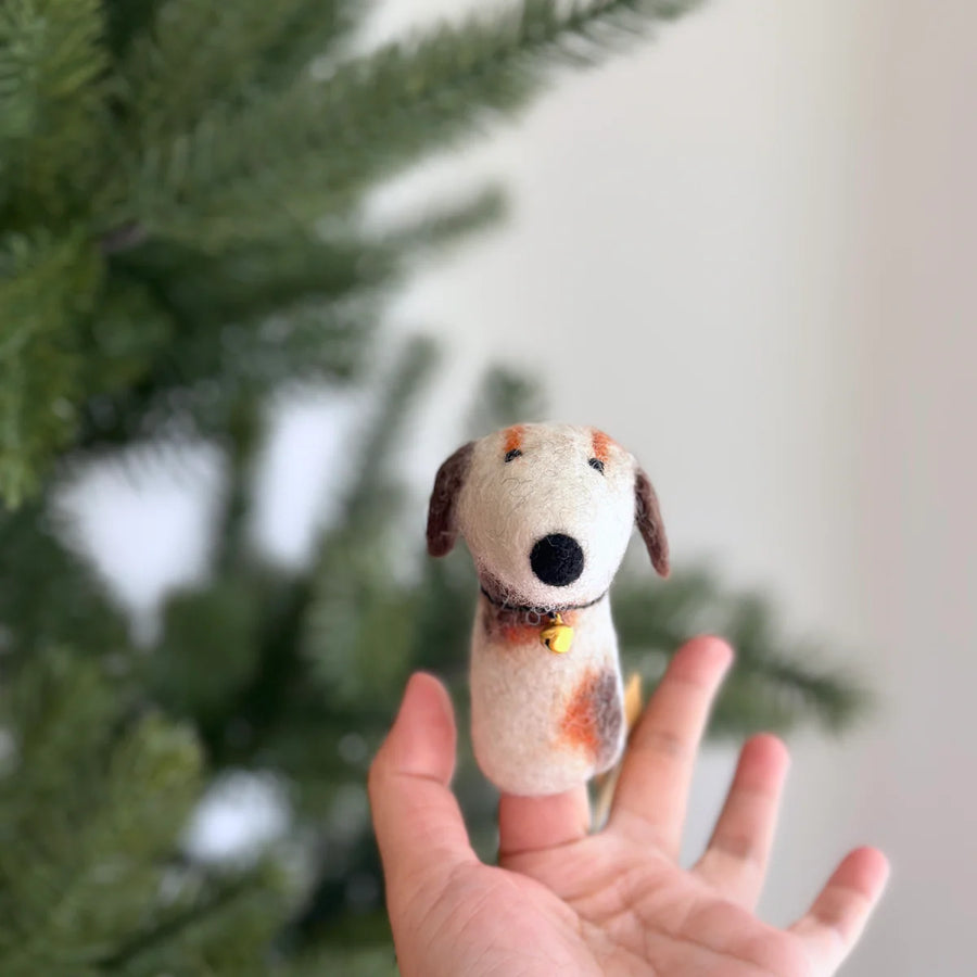 HANDMADE FELTED FINGER PUPPET CALICO DOG