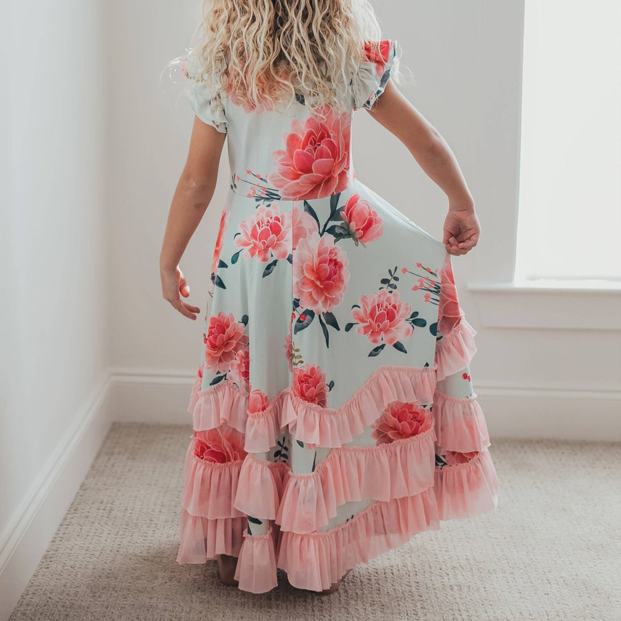 Mint & Pink Floral Flutter Sleeve Ruffles Spring Dress - Pink and Brown Boutique