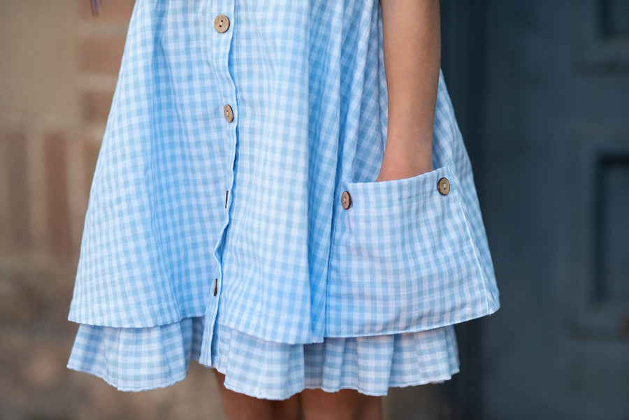 Blue & White Gingham Check Pocket Ruffle Spring Dress - Pink and Brown Boutique