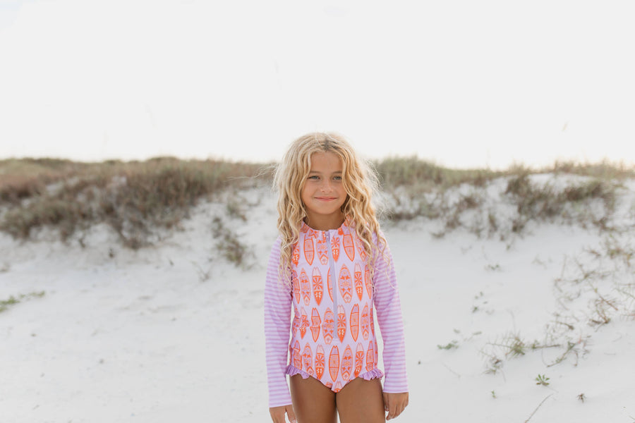 Lavender Aloha Surfboard Zip Rash Guard One Piece Swimsuit - Pink and Brown Boutique