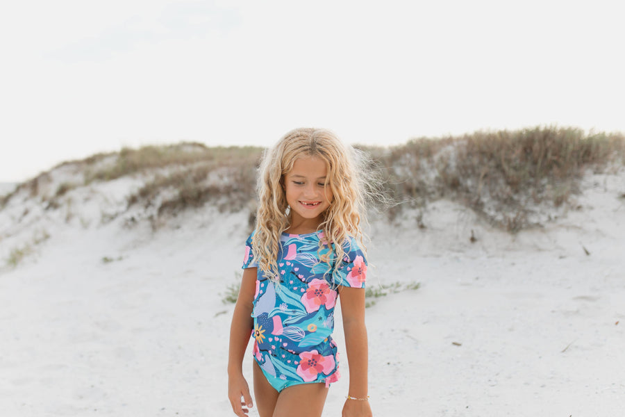 Kids Blue Coral Abstract Rash Guard Ruffle Swimsuit - Pink and Brown Boutique