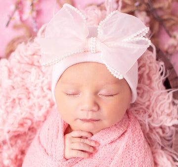 Pink Chiffon Pearl Bow Newborn Girl Hat - Pink and Brown Boutique