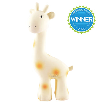 Giraffe Natural Organic Rubber Teether, Rattle & Bath Toy - Pink and Brown Boutique