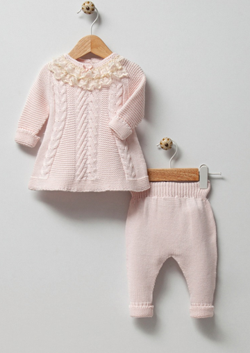 Organic Cotton Baby Set with Lace Collar - Pink and Brown Boutique