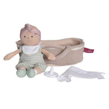 Knitted Carry Cot w/Remi Baby Light Skin, Soother & Blanket - Pink and Brown Boutique