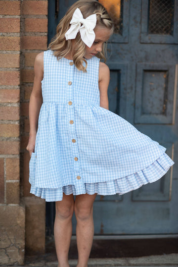 Blue & White Gingham Check Pocket Ruffle Spring Dress - Pink and Brown Boutique