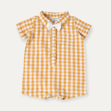 Jules Gingham Bowtie Baby Romper (Organic Cotton) - Pink and Brown Boutique