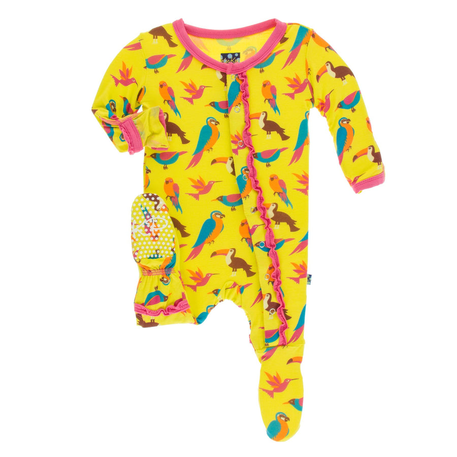 ruffle footies in banana tropical birds - Pink and Brown Boutique