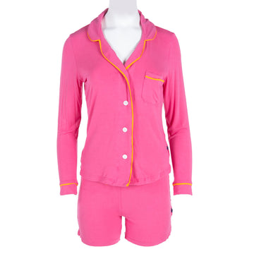 collared pajama set with with shorts in flamingo with tamarin - Pink and Brown Boutique