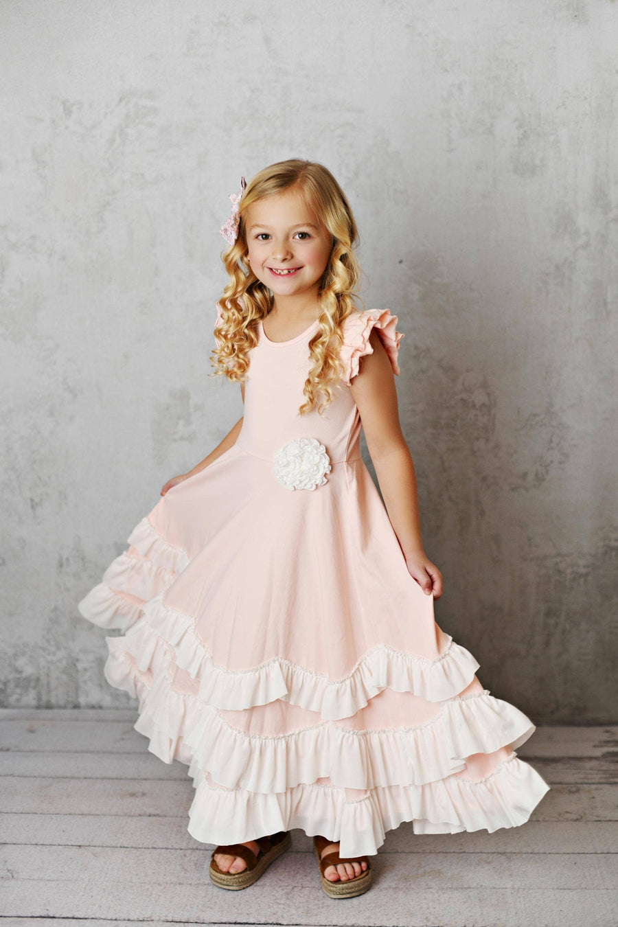 Light Pink Ruffles Flutter Sleeve Rosette Spring Dress Light Pink Ruffles Flutter Sleeve Rosette Spring Dress