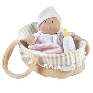 Carry Cot with Baby Grace, Bottle & Blanket - Pink and Brown Boutique