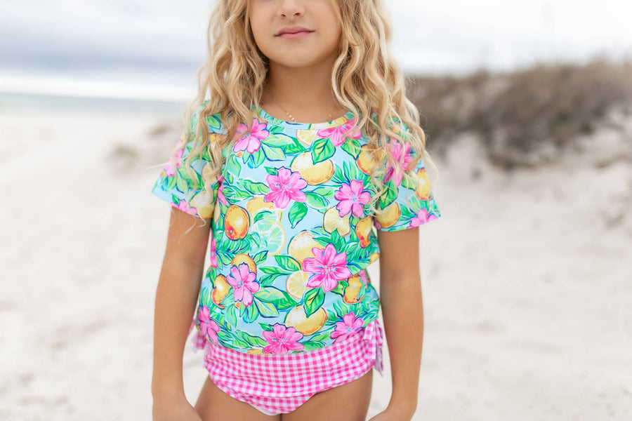 Kids Hot Pink Lemon Rash Guard Ruffle Swimsuit - Pink and Brown Boutique