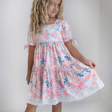 Kids Pink & Blue Lace Tiered Square Neck Spring Easter Dress - Pink and Brown Boutique