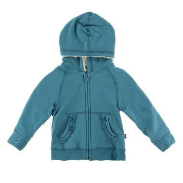 Ruffle Zip Front Hoodie with Sherpa-Lined Hood in Seagrass - Pink and Brown Boutique