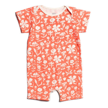 Organic Short Romper in Garden Coral - Pink and Brown Boutique