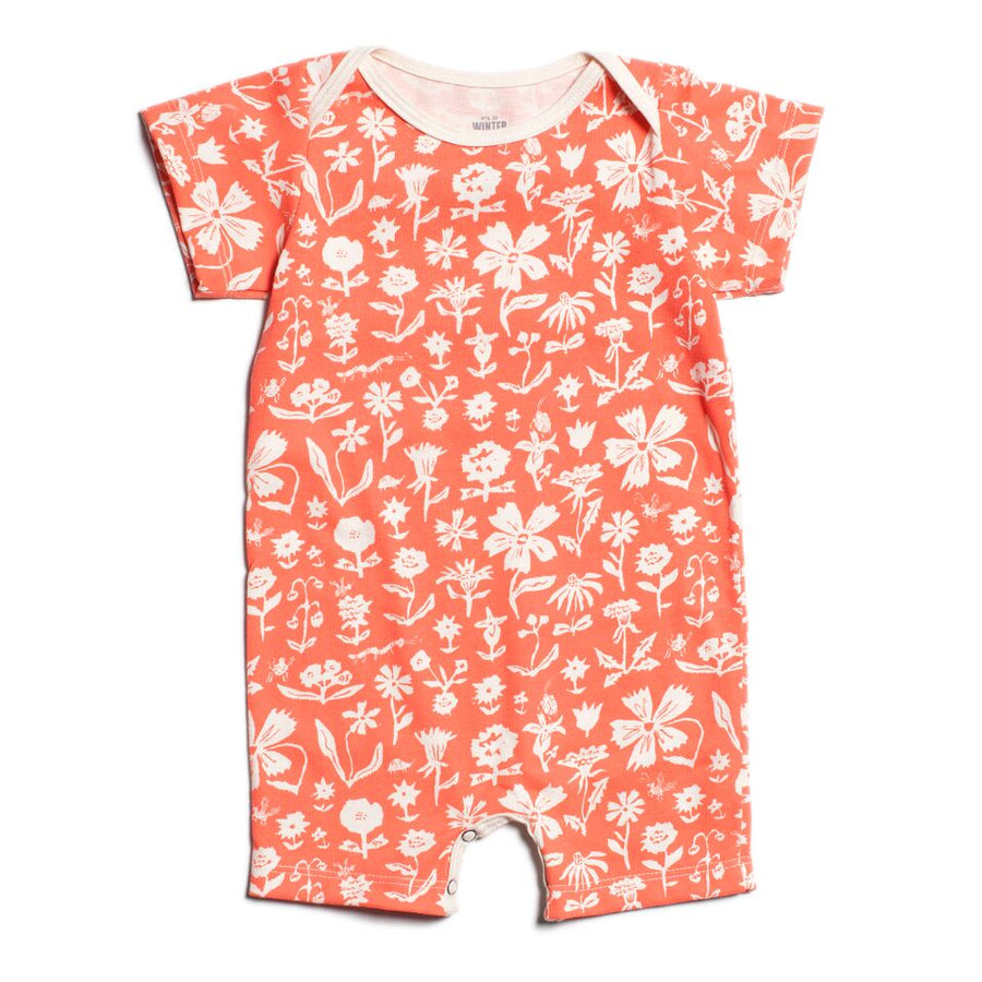 Organic Short Romper in Garden Coral - Pink and Brown Boutique